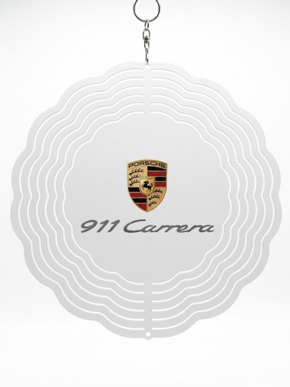 10" Porsche 911 Carrera Kinetic Wind Spinner - White Metal Hanging Yard Decor